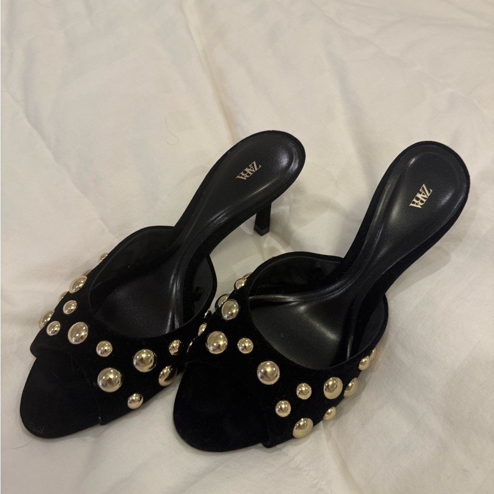 Zara Black Mules with Gold Pearl Accents